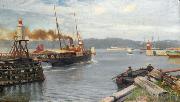 Nils Hansteen Fjordabat stevner ut Trondheim havn Sweden oil painting artist